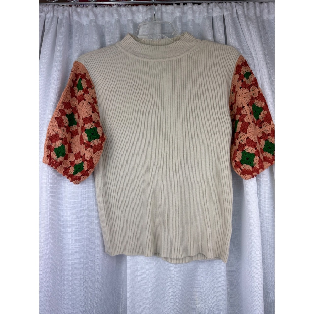 Cato Womens Ribbed Mock Neck Sweater Crochet Granny Square Puff Sleeve Cream L